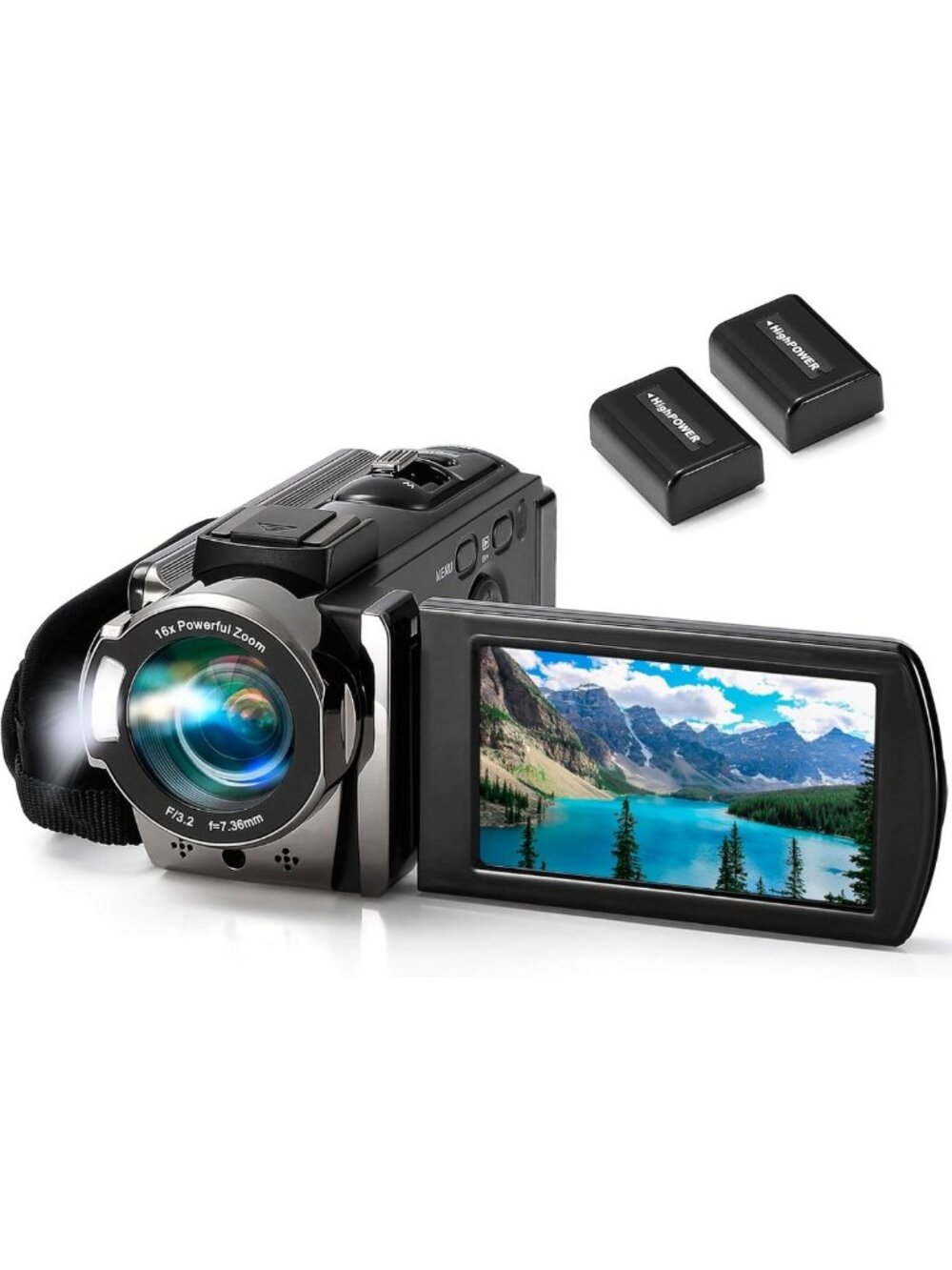 Full HD 1080P Digital Camcorder with 16X Zoom, 24MP, 3" LCD, 2 Batteries - Black